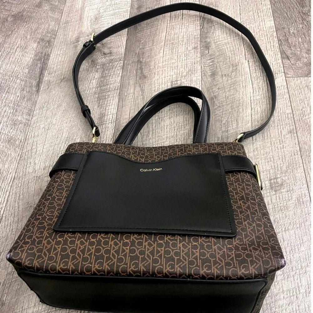 Calvin‎ Klein Monogram Logo Satchel Crossbody Bag Brown Black Gold Tone Hardware